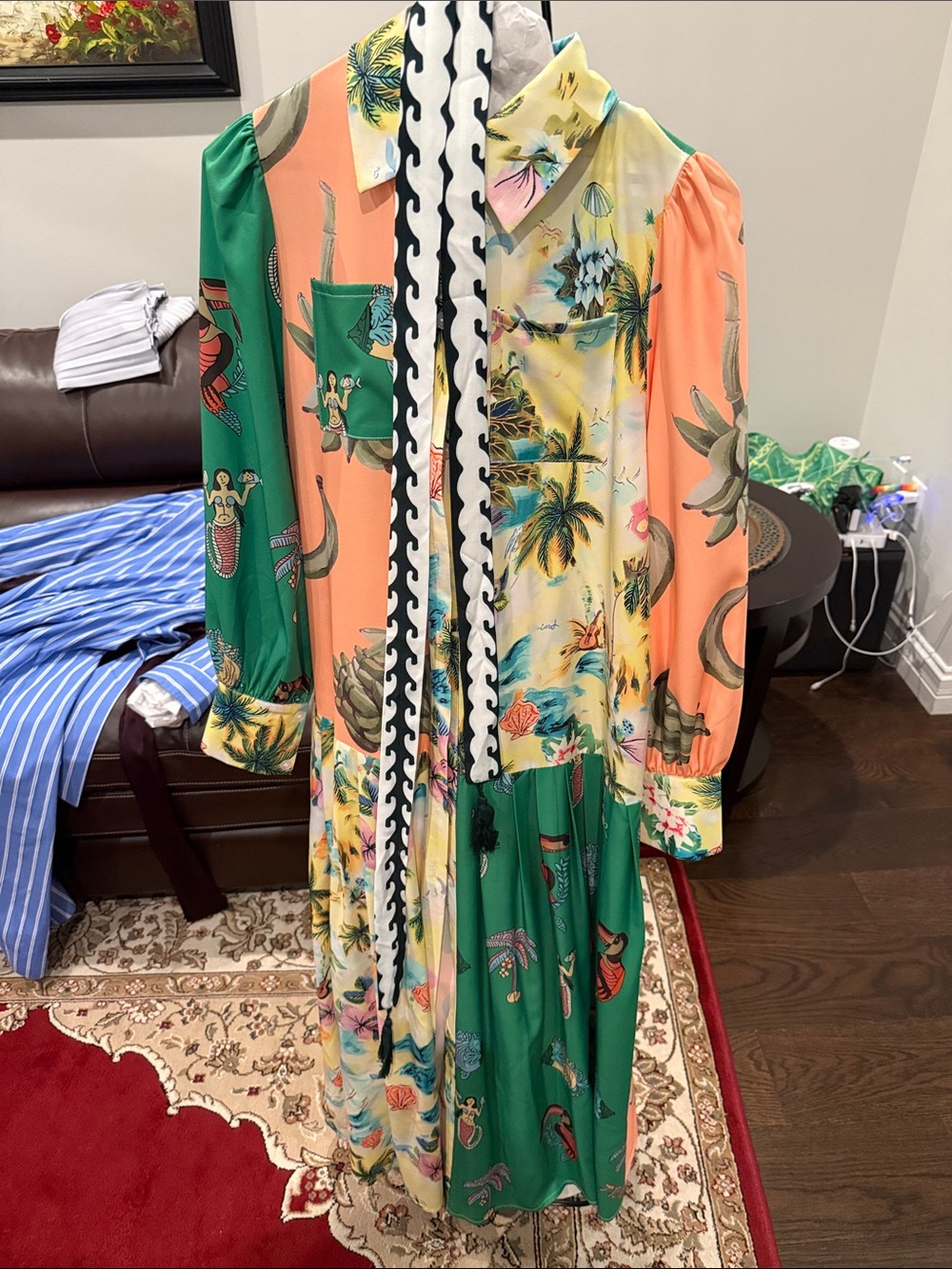 Tropical Patchwork Maxi Dress in Green, Peach & Yellow